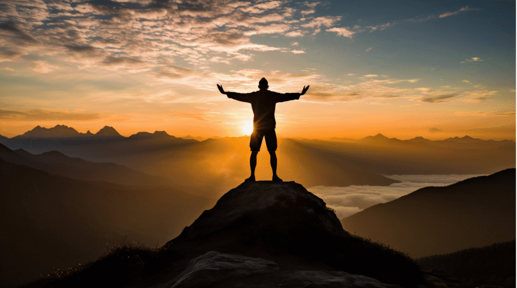 Homem sentado em posição de meditação ao ar livre, praticando yoga em meio à natureza durante o pôr do sol, transmitindo serenidade, autoconhecimento e busca por propósito de vida.