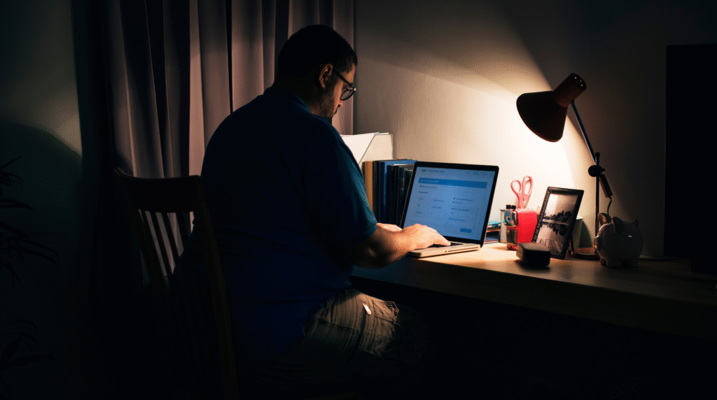 Homem de óculos e camiseta azul sentado em uma mesa, digitando em um laptop em um quarto escuro, com uma luminária acesa ao lado. A cena sugere isolamento e uso prolongado de tecnologia.